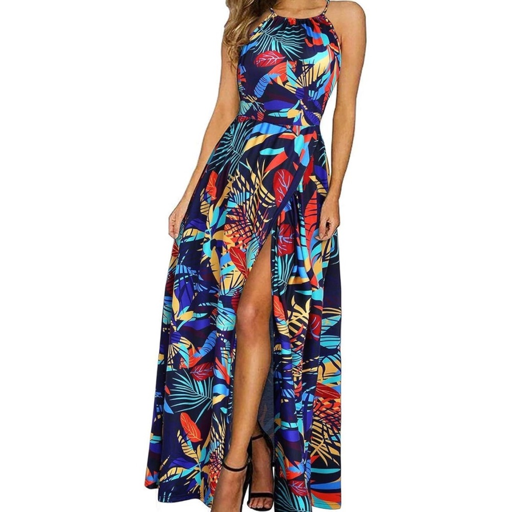 Tropical Navy Multi Halter Maxi Dress with Front Slit and pockets